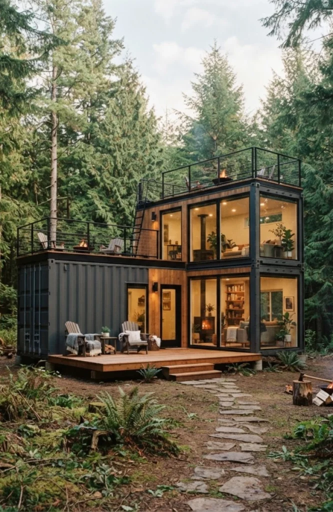 a serene image of cozy container cabin in the woods