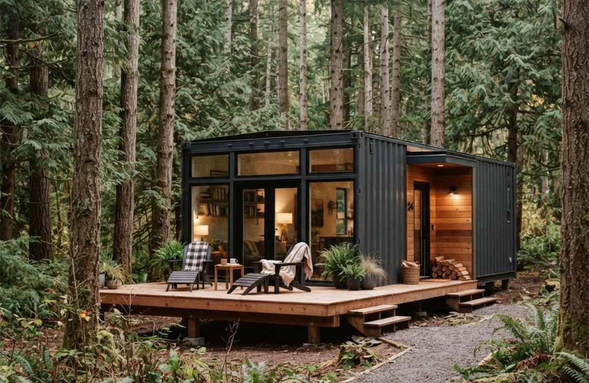 cabin model shipping container idea, serenely sitruated in the colorado forest