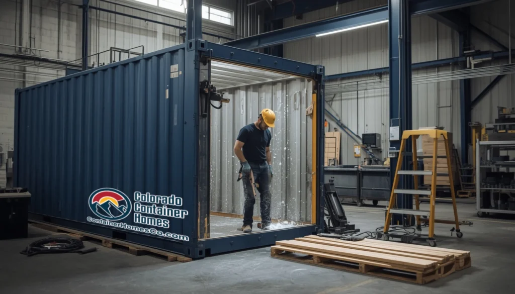 an image of a worker cutting a doorway into a shipping container