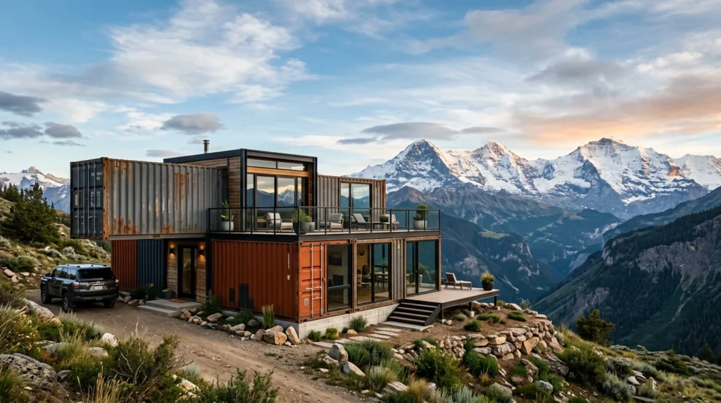 an image of a multi-unit shipping container home with a beautiful view of the colkorado rockies 