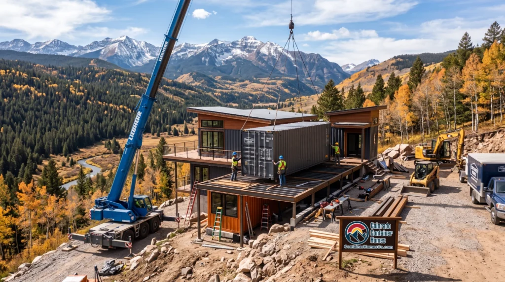 image depicting Container Homes Colorado building a shipping container home in a picturesque winter park, colorado setting