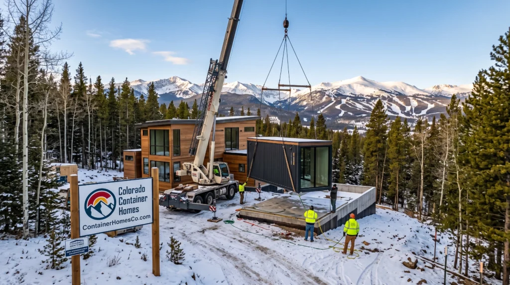 an image depicting Container Homes Colorado installing a shipping container cabin in Winter Park, Colorado